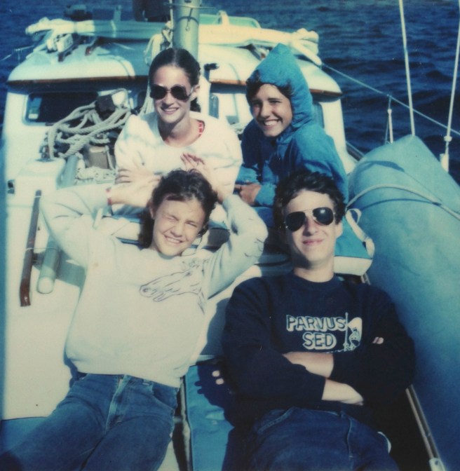Clockwise from top left: Robin, Kathy, Rod, and me, rocking the Jordache sweatshirt circa 1983..